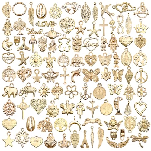 WeddHuis 100 Pièces Breloques Pendentifs pour Bijoux DIY, Charms Vintage Aesthetic pour Colliers Bracelets Boucles d'Oreilles (doré)