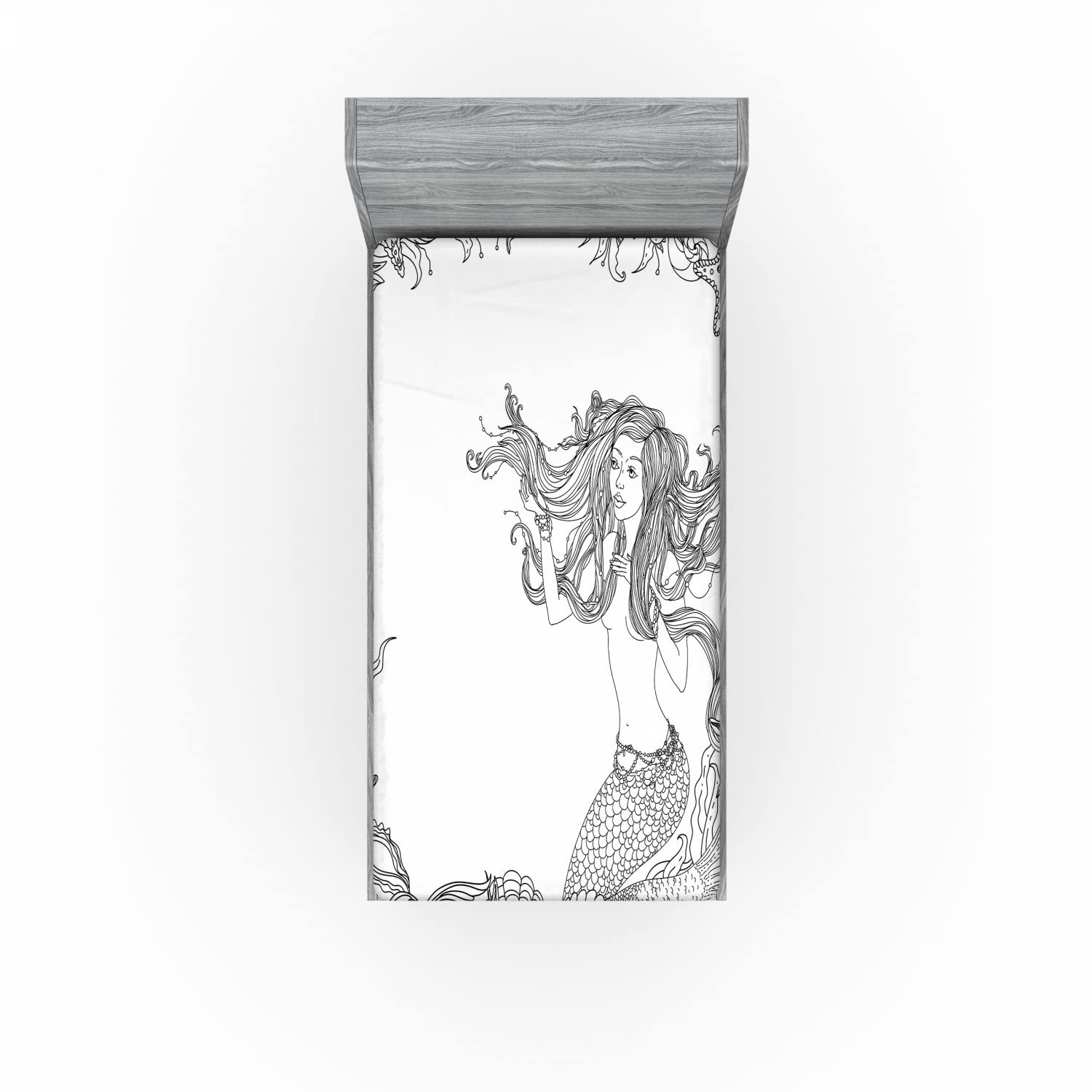 Ambesonne Mermaid 2 Pack Fitted Sheet, Seashells Mermaid Myth, Bed Cover All-Round Elastic Deep Pockets 2 Pieces, Package Contains 2 Twin Size Fitted Sheets, White Grey