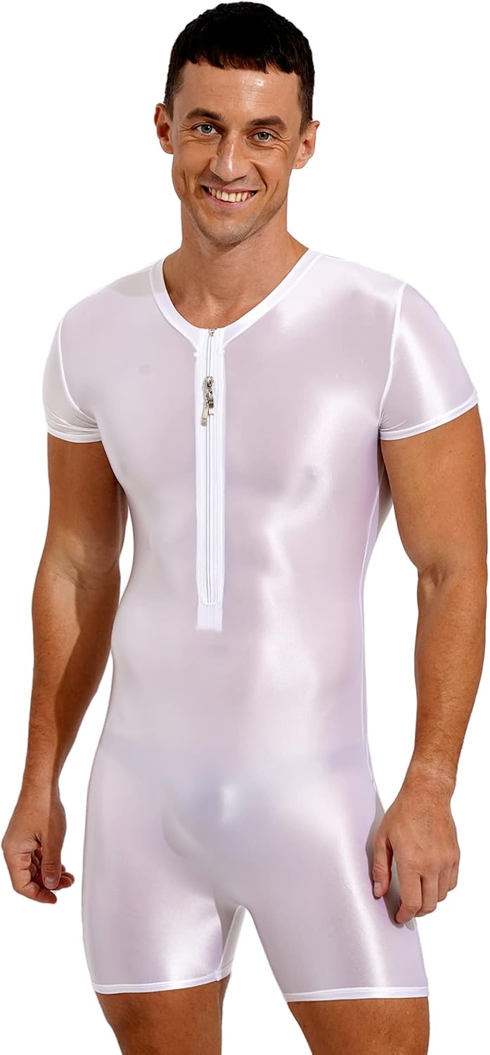Vxuxlje Men's Glossy Stretchy Short Sleeve Slim Fit Jumpsuit Unitard Workout Shorts Bodysuits