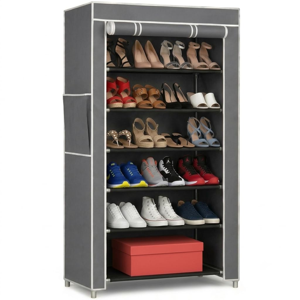 EASY BUY Economy Class Shoe Rack for Home with Cover Grey, Plastic Rack 6 Shelves with Zip Door Cover & Side Pocket, Dustproof Storage Organizer for Footwear, Toy, Shoe Rack Plastic, Slipper Stand-picture-10