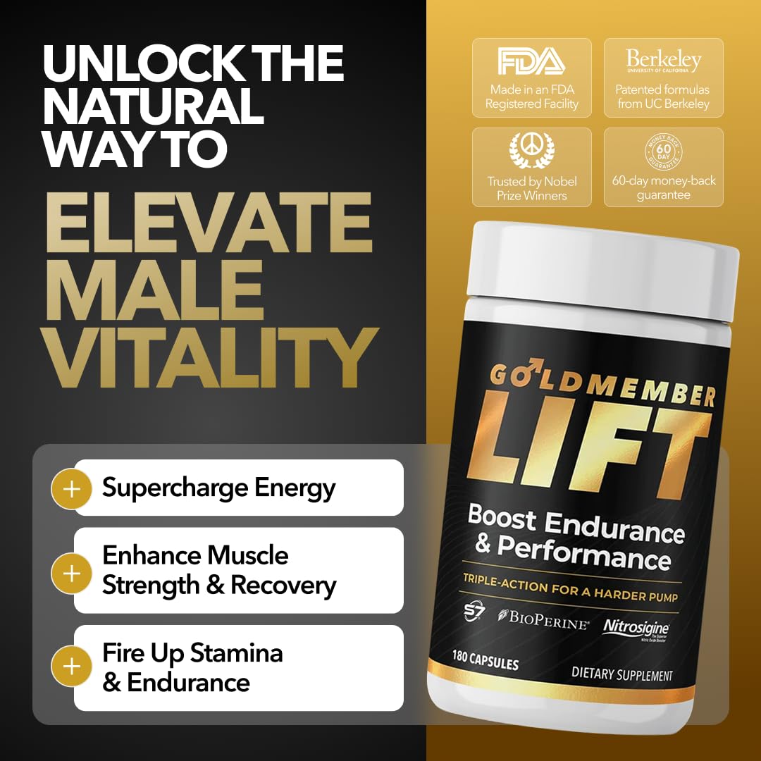 GoldMember Lift – Natural Male Blood Flow Supplement - Sexual Enhancement, Size, Stamina & Performance with Nitrosigine, Trans-Resveratrol, S7 Plant Blend, BioPerine – Made in the USA, 180 Capsules — Amazon image 4