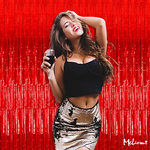 Image of 4 Pack Red Fringe Curtain Backdrop, 3.2Ft x 9.8Ft Metallic Tinsel Foil Fringe Streamers Background for Photo Booth Birthday Wedding Baby Shower Carnival Easter Mother's Day Party Decorations