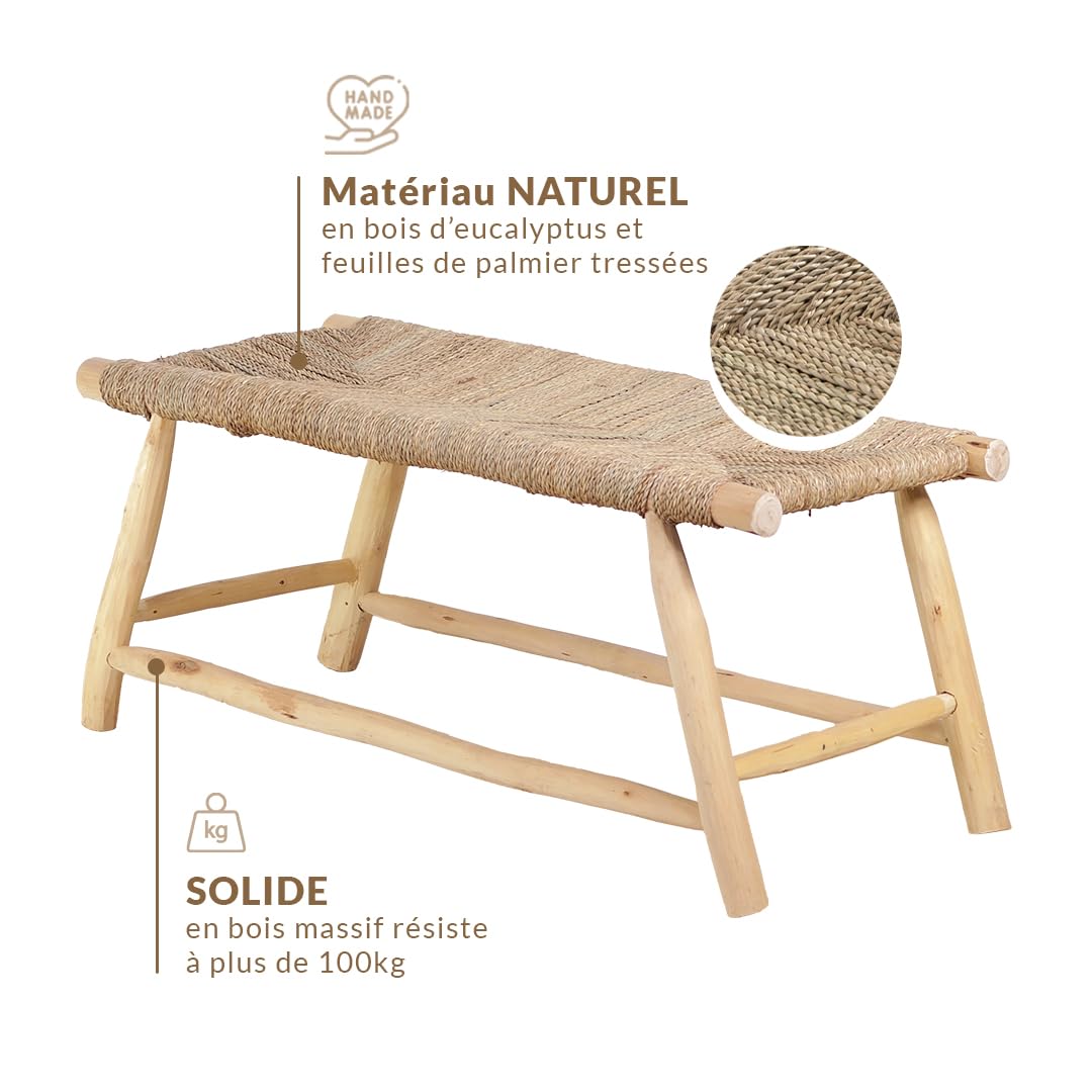 Banc en Bois Massif d'intérieur, Banquette Ethnique Naturelle, Fait Main | Bohème Chic 100cm