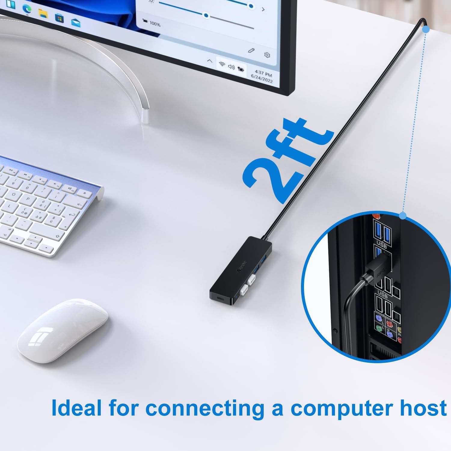 Aceele Ultra cienki hub USB 3.0, 5 portów, z przedłużonym kablem 65 cm SuperSpeed 5 Gb/s, do MacBooka Air Mac PRO/Mini, Surface PRO Dell XPS 15 Flash Drive i wielu innych kompatybilnych urządzeń