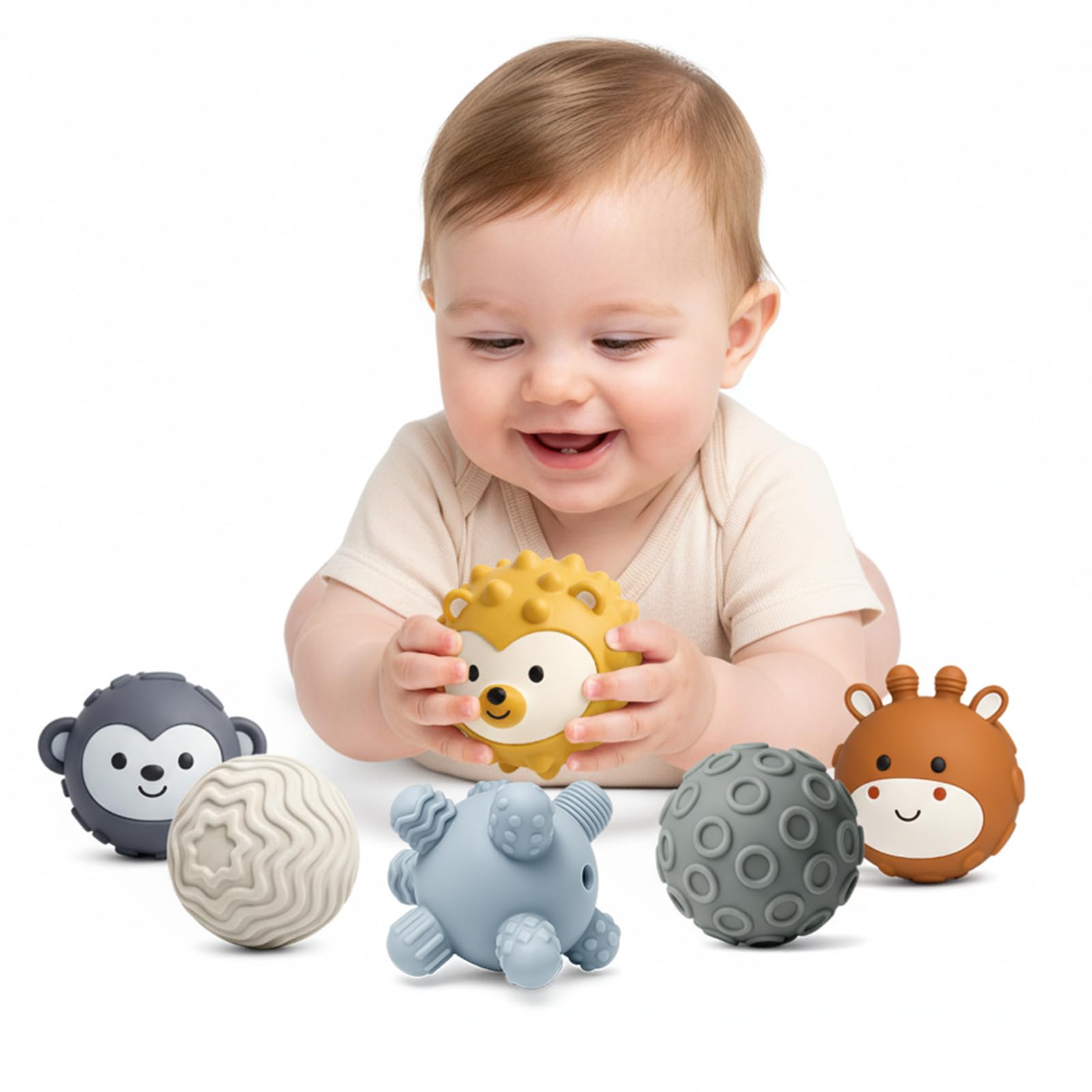 6-Pack Baby Sensory Balls, Textured &amp; Animal Face Toddler Balls, BPA-Free Soft Teething Toys, Montessori Developmental Toys for Babies 6-12 Months, for Infant
