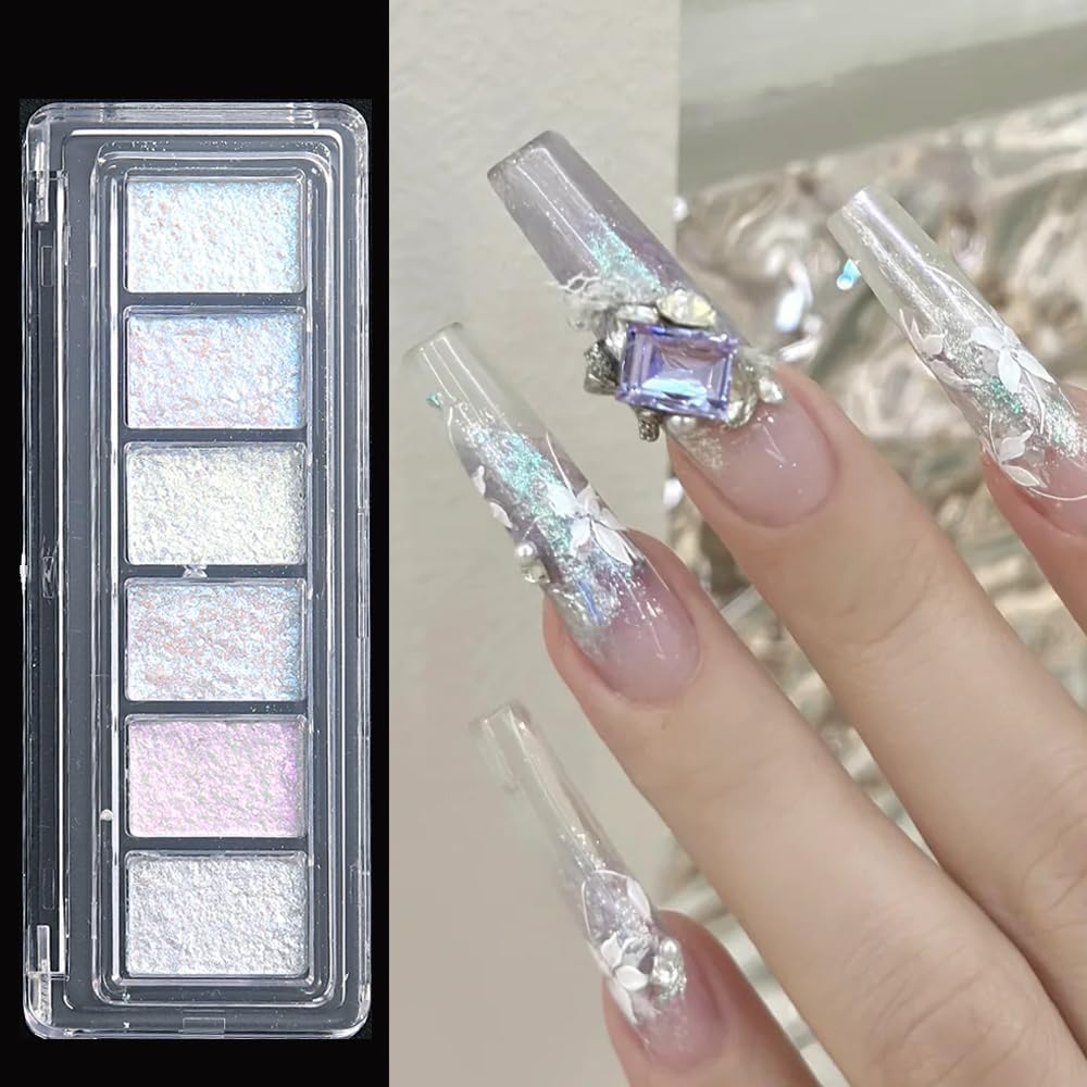 THR3E STROKES 6 Colors Solid Opal Au Rora Nail Powder Set, Iridescent Au Rora Pigment Holographic Chameleon Sparkly Flakes Glitter Dust Kit for Gel Polish Nail Art Decoration (AU Rora)