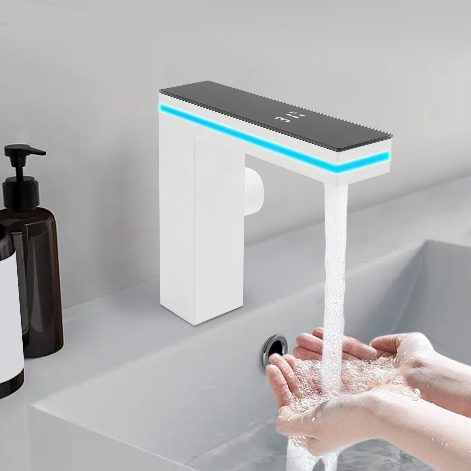 Grifo con sensor de infrarrojos, grifo de lavabo con indicador de temperatura, pantalla digital, grifo mezclador de agua fría caliente, grifo de baño sin contacto