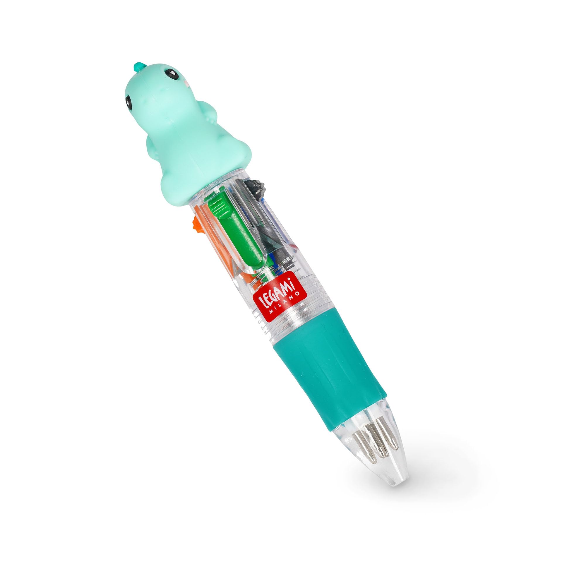 Legami - Mini Ballpoint Pen 4 Colours, Mini Magic Rainbow, Ink 4 Colours, Green, Blue, Orange, Black, 1 mm Tip, Ergonomic Silicone Handle, Diameter 2.2 cm, Height 10 cm, Dino