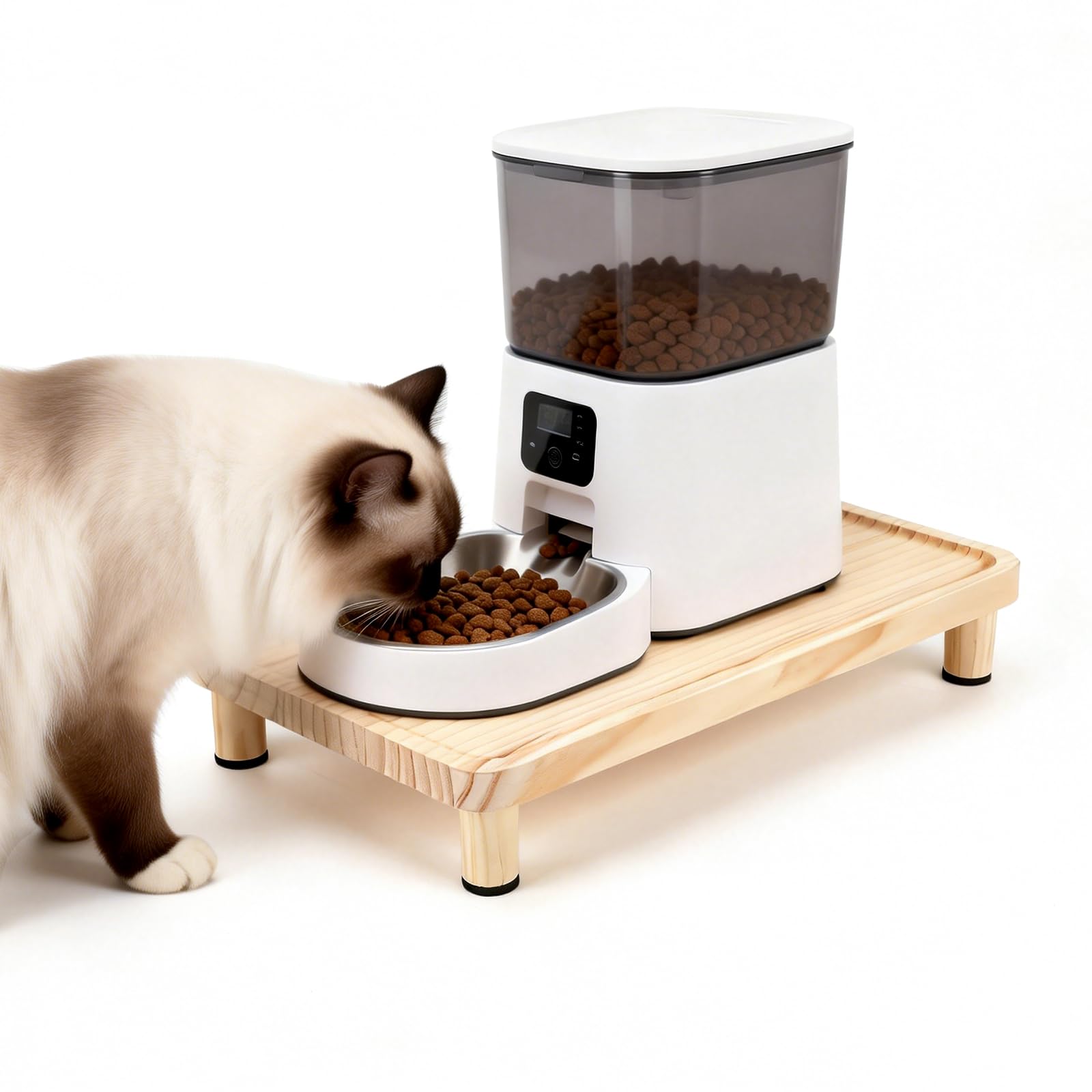 Sbayool Automatic Cat Feeder Elevated Stand, Wooden Cat Feeder Stand