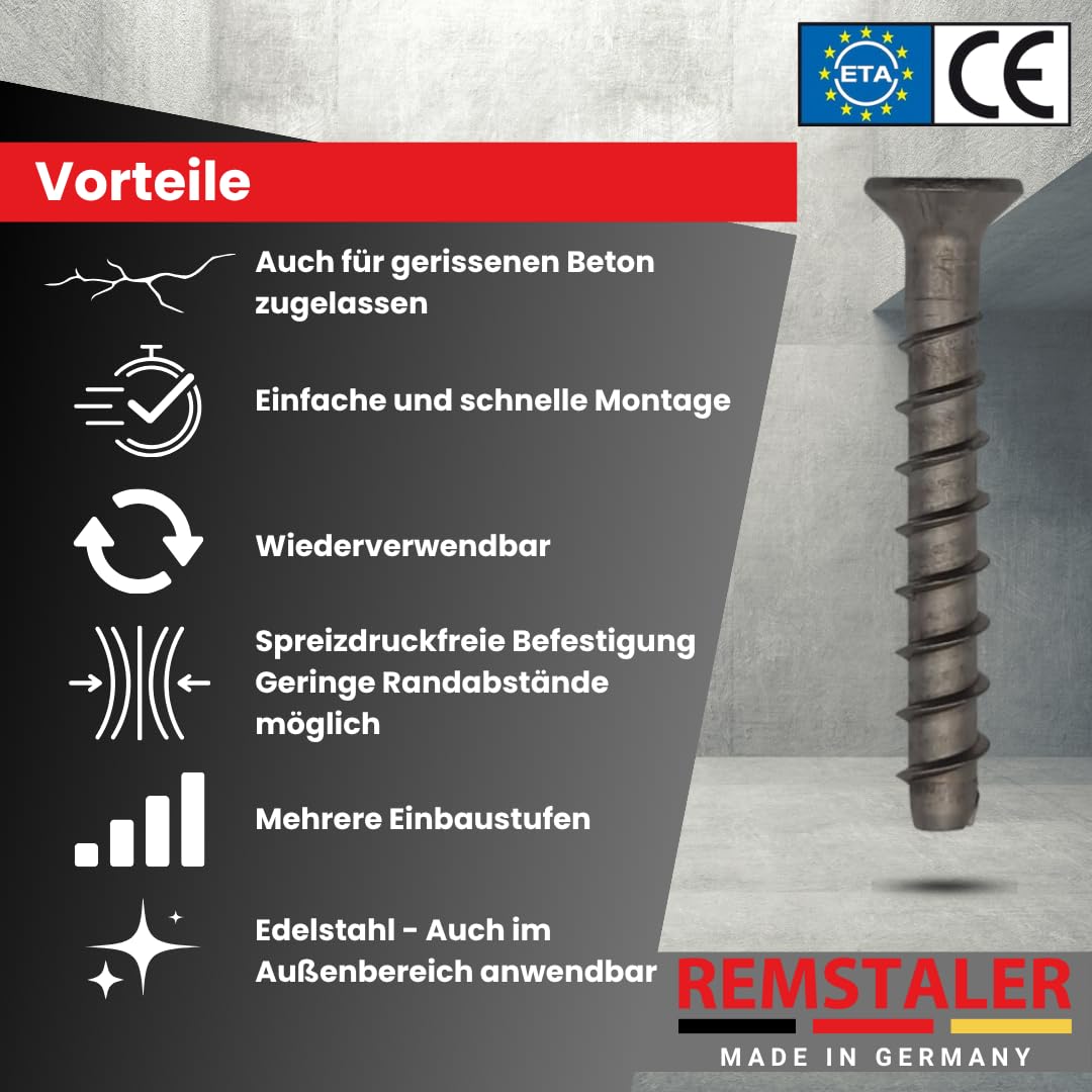 25x Remstaler BETONSCHRAUBE Senkkopf mit Torx-Antrieb | EDELSTAHL A4 | Ø6 - Ø10 | ETA Zulassung | made in GERMANY | Betonschrauben (6x85)