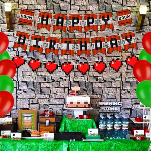 Image of Pre-Strung Pixel Themed Birthday Party Decorations, Video Game Happy Birthday Banner, Boom Style Gamer Party Supplies, NO DIY