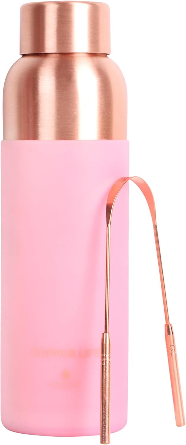 34 Ounces Pure Copper Water Bottle | Handcrafted, Leak-Proof, Eco-Friendly, Health-Boosting Bottle with Silicon Grip | Stylish, Reusable, Perfect for Hydration & Wellness (Pink Silicon Grip)