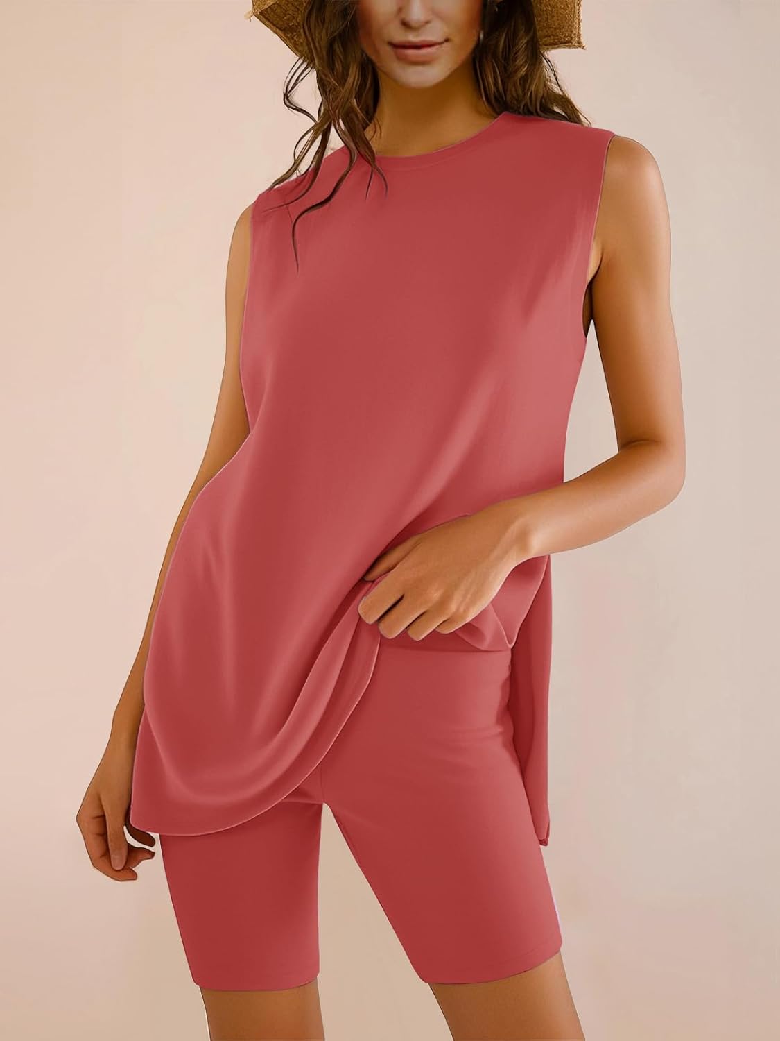 Women Two Piece Short Set Summer Sweatsuit Beach Outfits Sleeveless Tunic Top and Shorts Lounge Set - Image 9