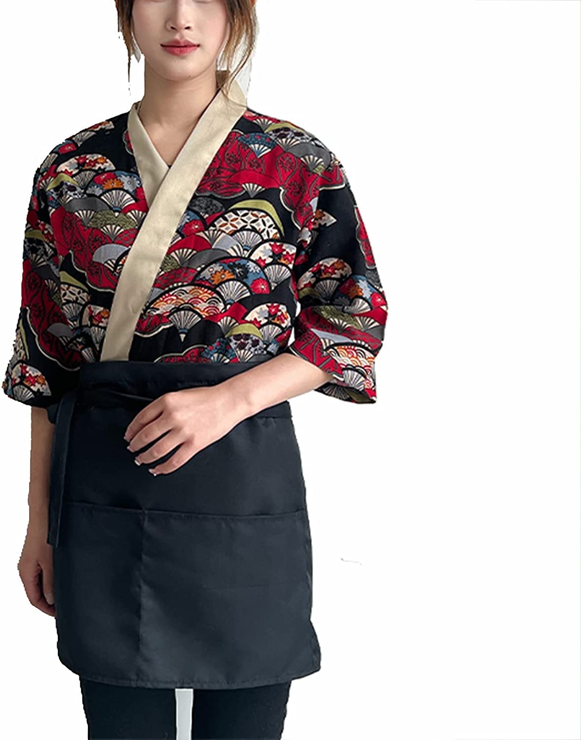 Uniformi alla Moda Giacche da Chef da Cucina Giapponese da Donna, Uniformi da Chef Kimono Professionali a Maniche Corte for Servizi di ristorazione, Catering (Color : Red, Size : XL)