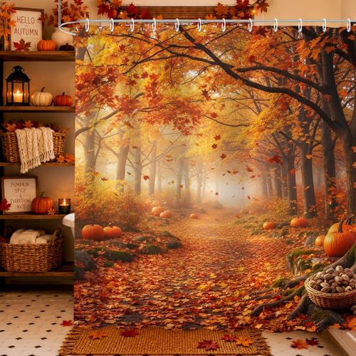 FAMTUDE Fall Shower Curtains for Bathroom Fall Tranquil Maple Forest Pumpkin Harvest Thanksgiving Shower Curtain Waterproof Cloth Fabric Bath Decor Set with 12 Hooks 72 x 72 Inch