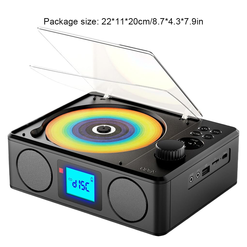 Lettore CD retrò con connettività Bluetooth. Goditi la musica ovunque. Lettore CD in ABS con altoparlanti integrati. Capacità della batteria di