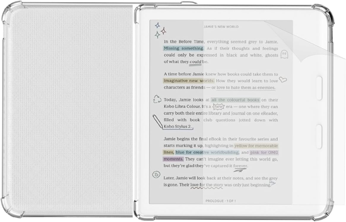 Clear Case for Kobo Libra Colour and Screen Protector, Libra Color Ereader Case E-Reader 7 Inch Reinforced Corners Skin TPU Sleeve 2024 Matte Screen Protection