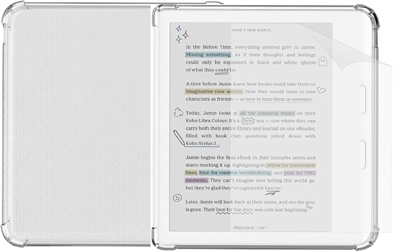 Clear Case for Kobo Libra Colour and Screen Protector, Libra Color Ereader Case E-Reader 7 Inch Reinforced Corners Skin TPU Sleeve 2024 Matte Screen Protection