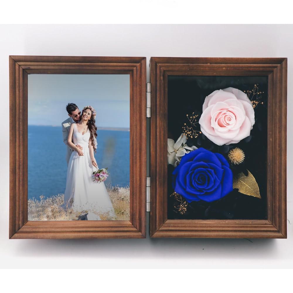 Marcos de fotos de flores preservadas personalizados, marcos de fotos de madera con rosas para fotos de boda impresas personalizadas, para un regalo creativo del día de San Valentín y cumpleaños para