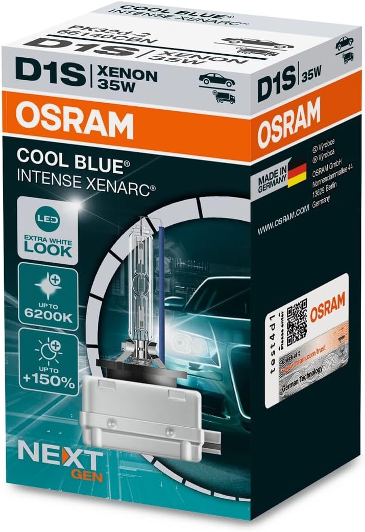 Xenarc Cool Blue Intense D1S, +150% more brightness, up to 6,200 K, Xenon headlight bulb, LED look, folding box (1 lamp), (66140CBN)