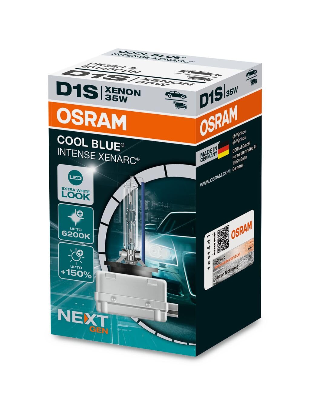 OSRAM XENARC® COOL BLUE® INTENSE D1S, +150% more brightness, up to 6,200K, xenon headlight lamp, LED look, Folding box (1 lamp)