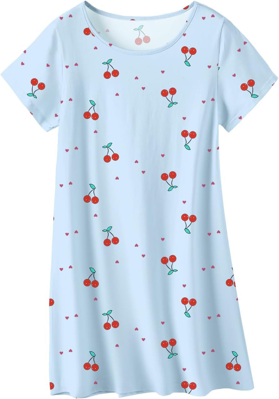 QZH.DUAO Girls Nightgowns 100% Cotton Short Sleeve Sleep Shirts Nightdress Sleepwear 5-14