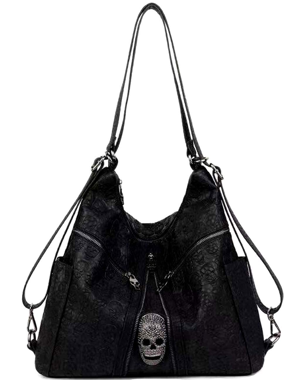 Downupdown Women Print Shoulder Cross-Body Bags Skull Rivet Crossbody Satchel Messenger Large Tote Purse Handbag, Black, OneSize