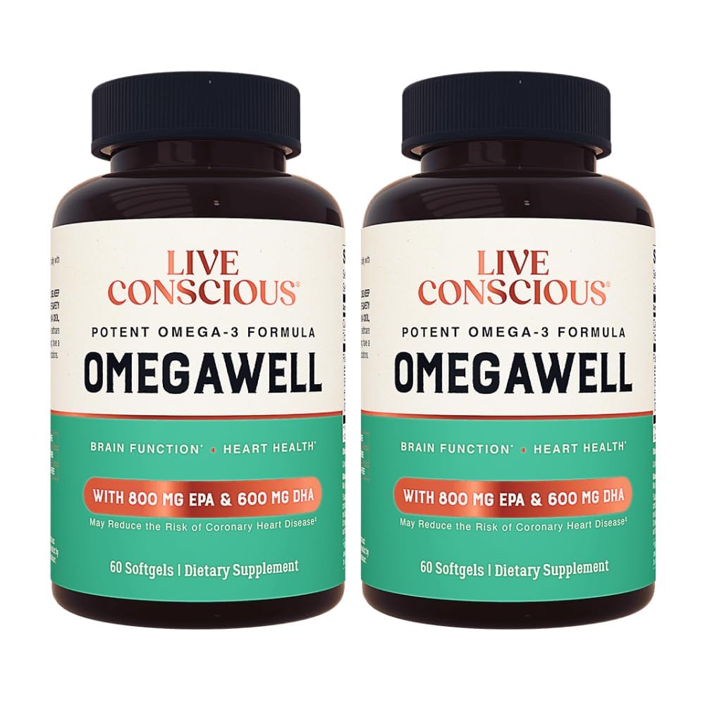 Live Conscious OmegaWell Fish Oil: Omega 3 | 800 mg EPA 600 mg DHA - Enteric-Coated, Sustainably Sourced - Easy to Swallow 120 Count (2-Pack) 60 Count (Pack of 2)