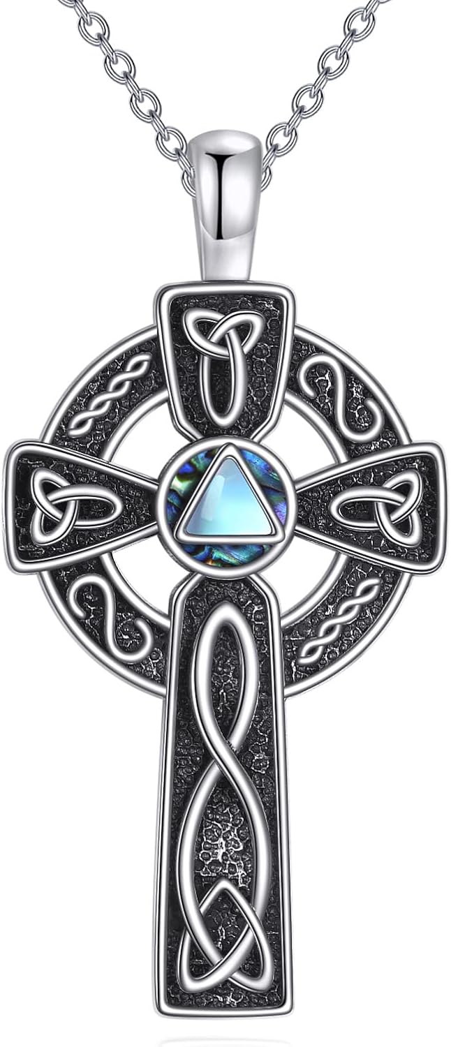 NA AA Celtic Cross Necklace 925 Sterling Silver Malachite Moonstone Wooden Jewelry Cross Pendant Gifts for Women Men.