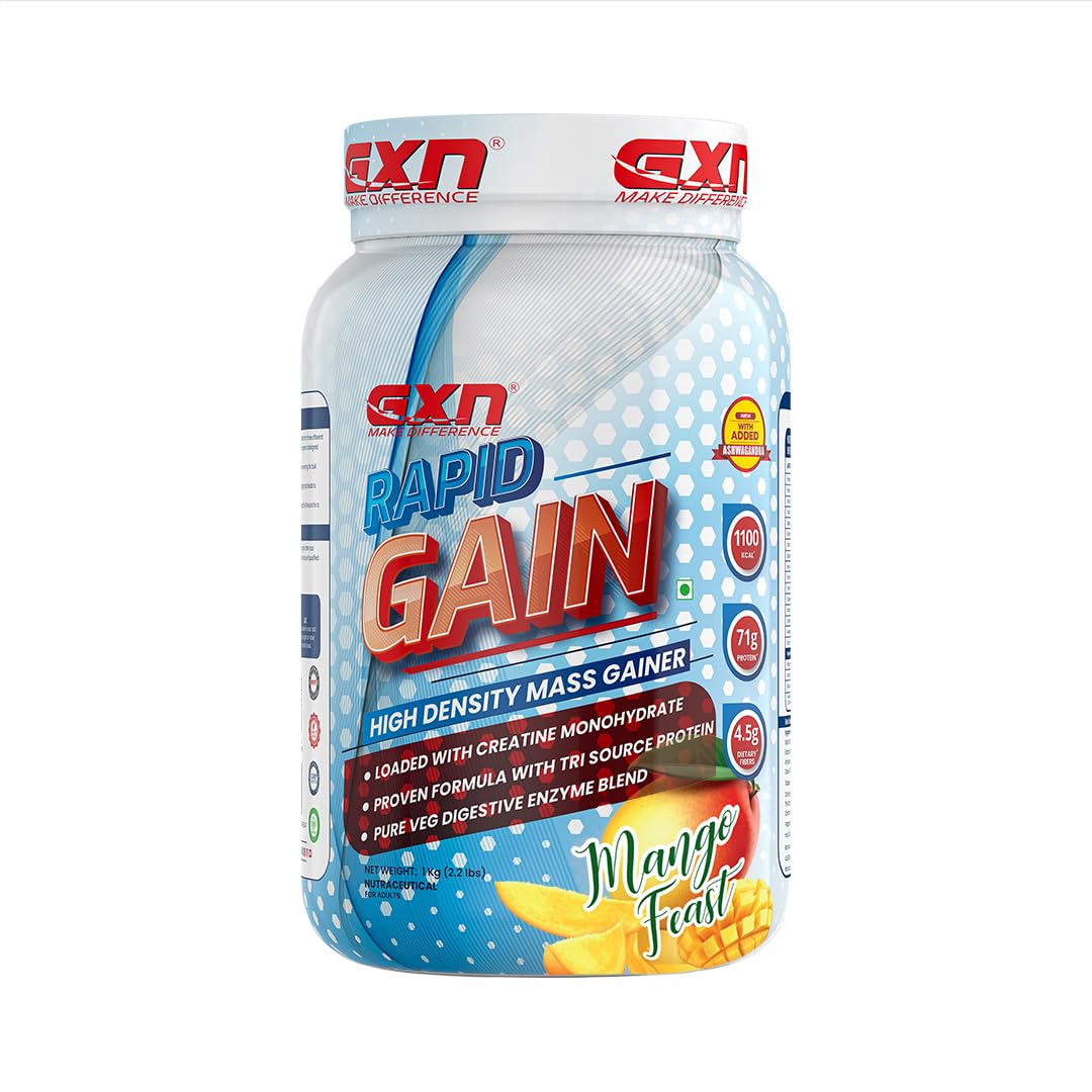 GXN Rapid Gain 1 kg | 312.5kcal | 3g Creatine | Whey Protein Concentrate & Soy Protein Isolate | Mango Feast | 13 Servings | Mass Gainer