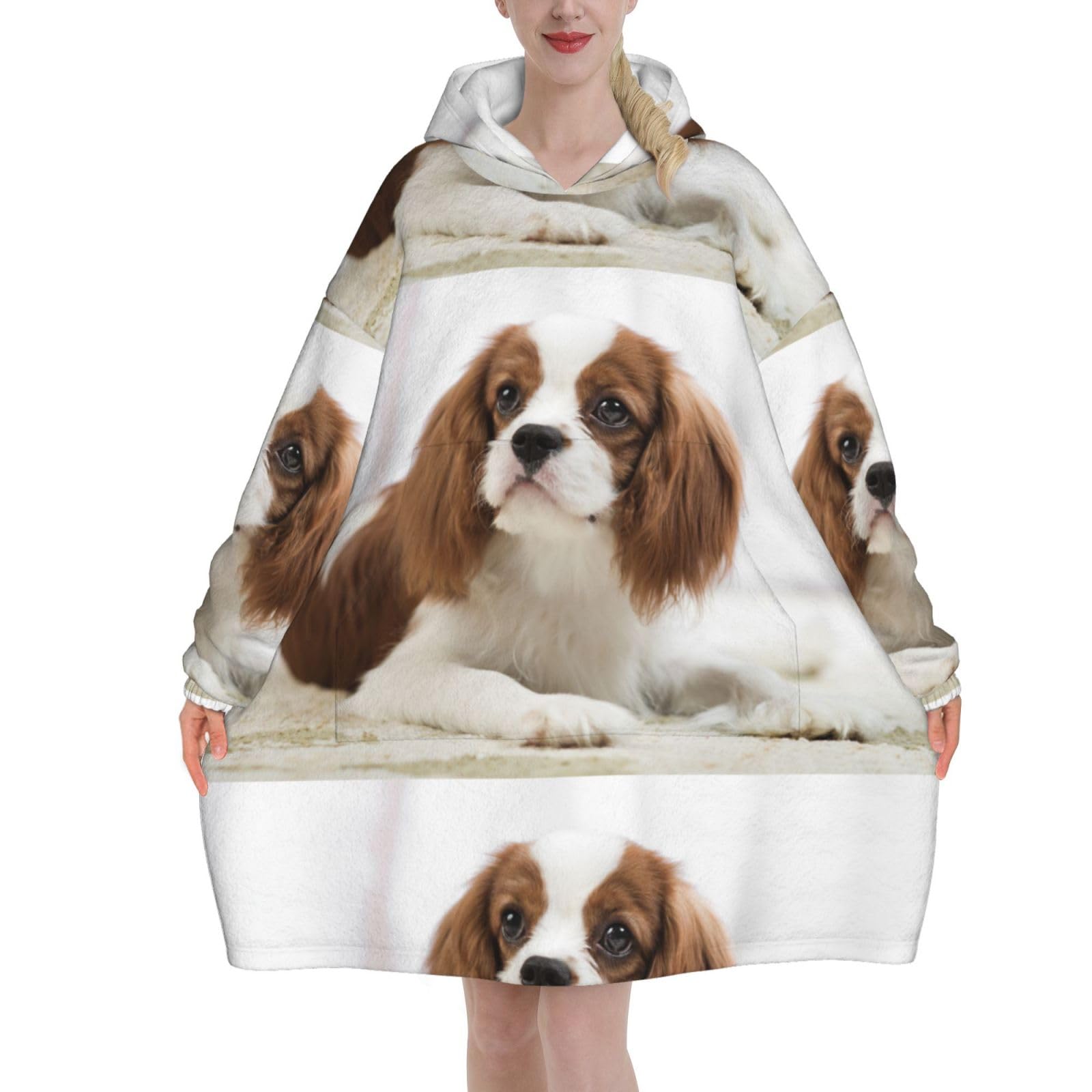 Zouey Unisex As Picture Sweatshirt Blanket,Flannel Pullover Blanket,Women's Wearable Blanket Hoodie, Cavalier King Charles Spaniel Brown Spaniel