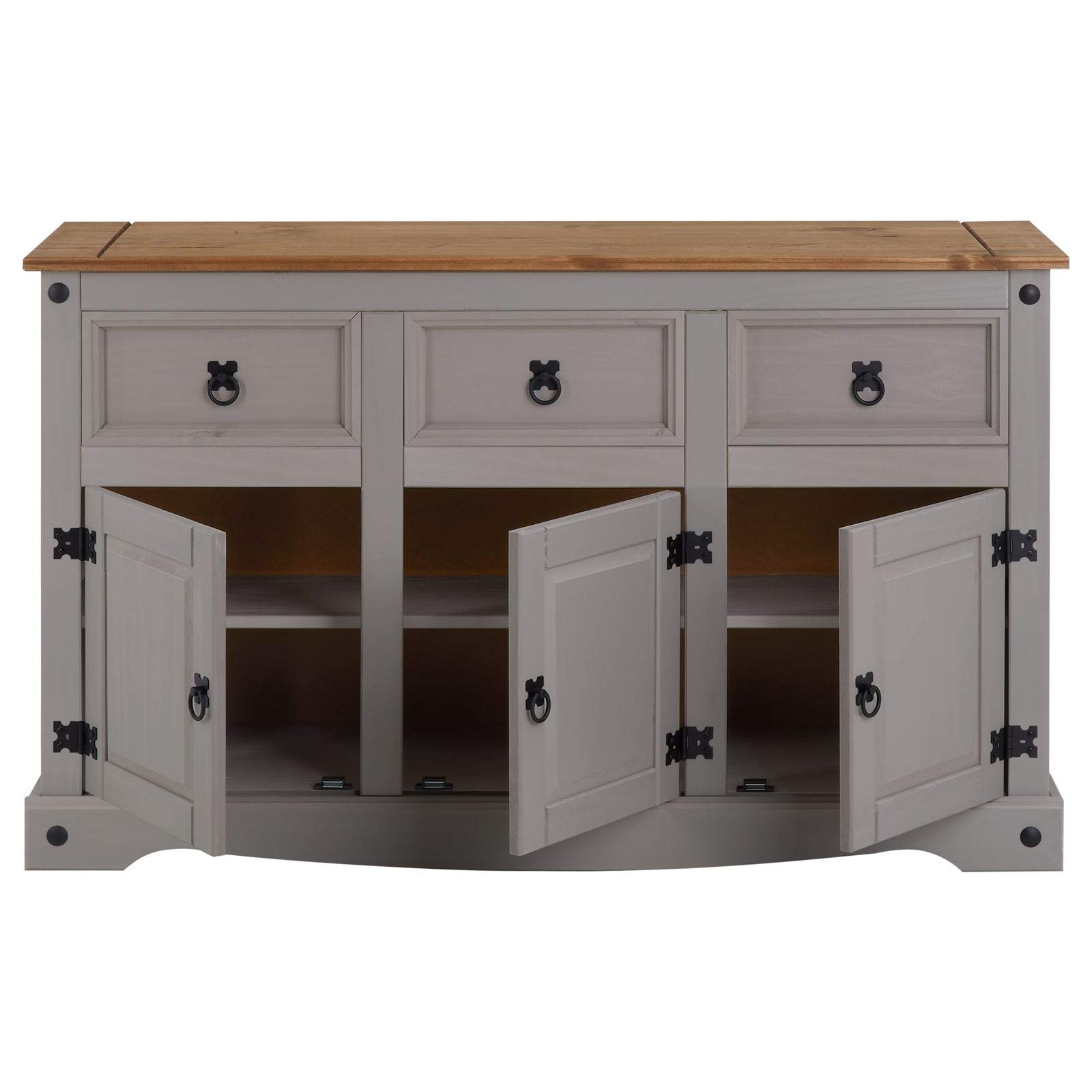 CARO-Möbel Sideboard Ramon Landhausstil Kommode Kiefer massiv grau lasiert mit 3 Schubladen und 3 Türen