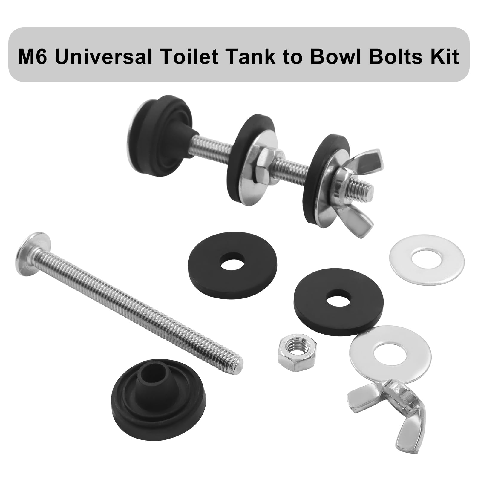 Juego de 4 tornillos universales M6 para tanque de inodoro a cuenco, tornillos de repuesto de acero inoxidable resistente con arandelas de goma y tuerca extra larga
