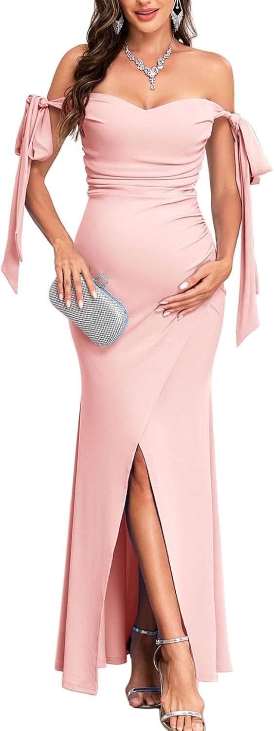 CYCLAMEN Maternity Dress Off Shoulder Ruched Ribbed Knit Gown with Adjustable Bow Tie Straps & Slit for Baby Shower