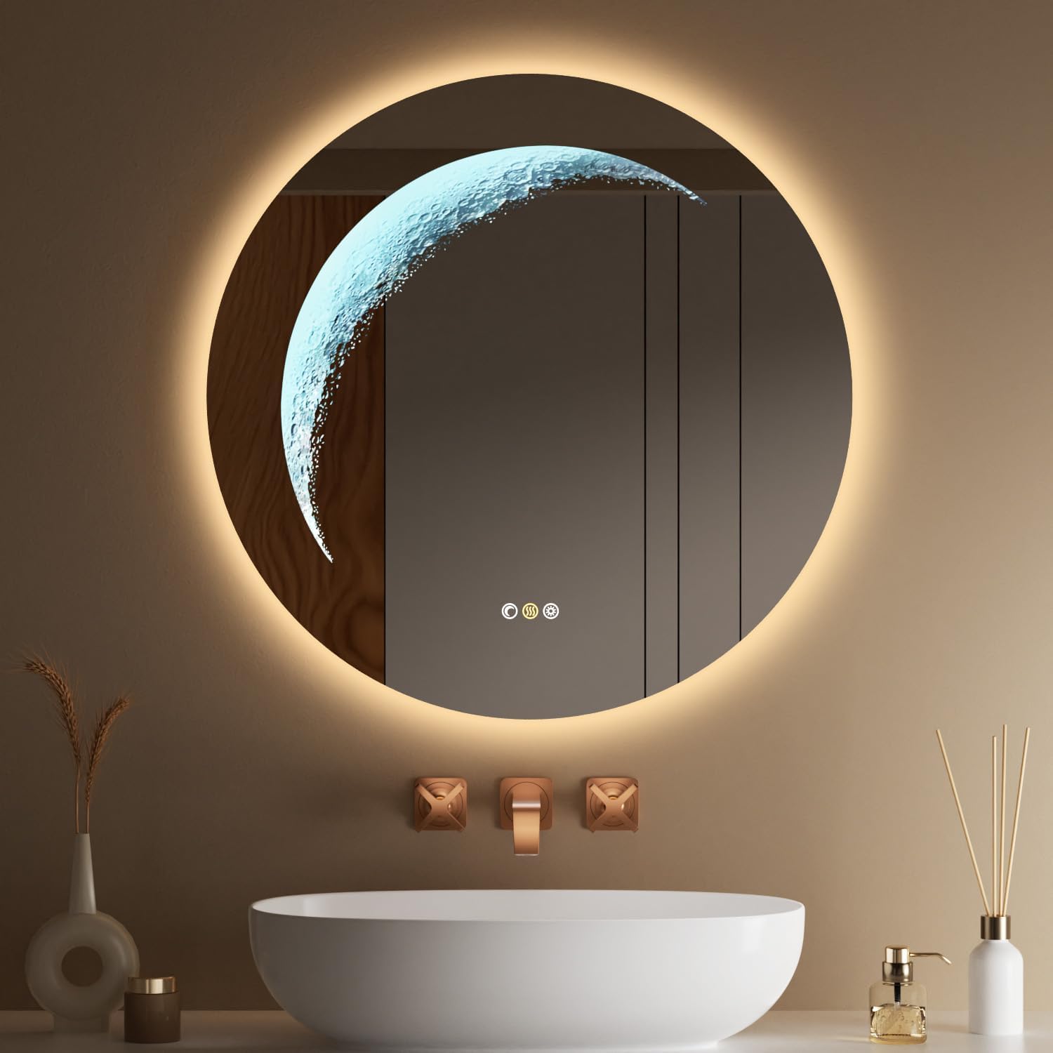 24'' Round Bathroom Mirror with Light, Circle Mirror with Backlit & Half Moonlight, Anti-Fog, 3 Color Modes, Shatter-Proof, Dimming LED Vanity Mirrors for Bedroom, Wall Decor, Entryway 24"L x 24"W Frameless-round