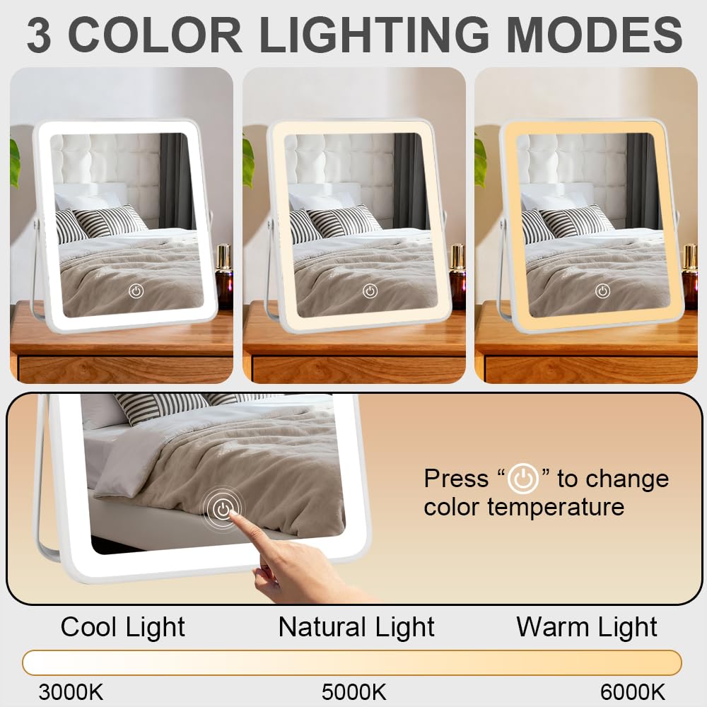 YEKKOPT Specchio da scrivania portatile con luci, 30,5 x 25,4 cm, piccolo specchio ricaricabile per trucco con luci, touch screen intelligente con illuminazione a 3 colori, dimmerabile, per dormitorio