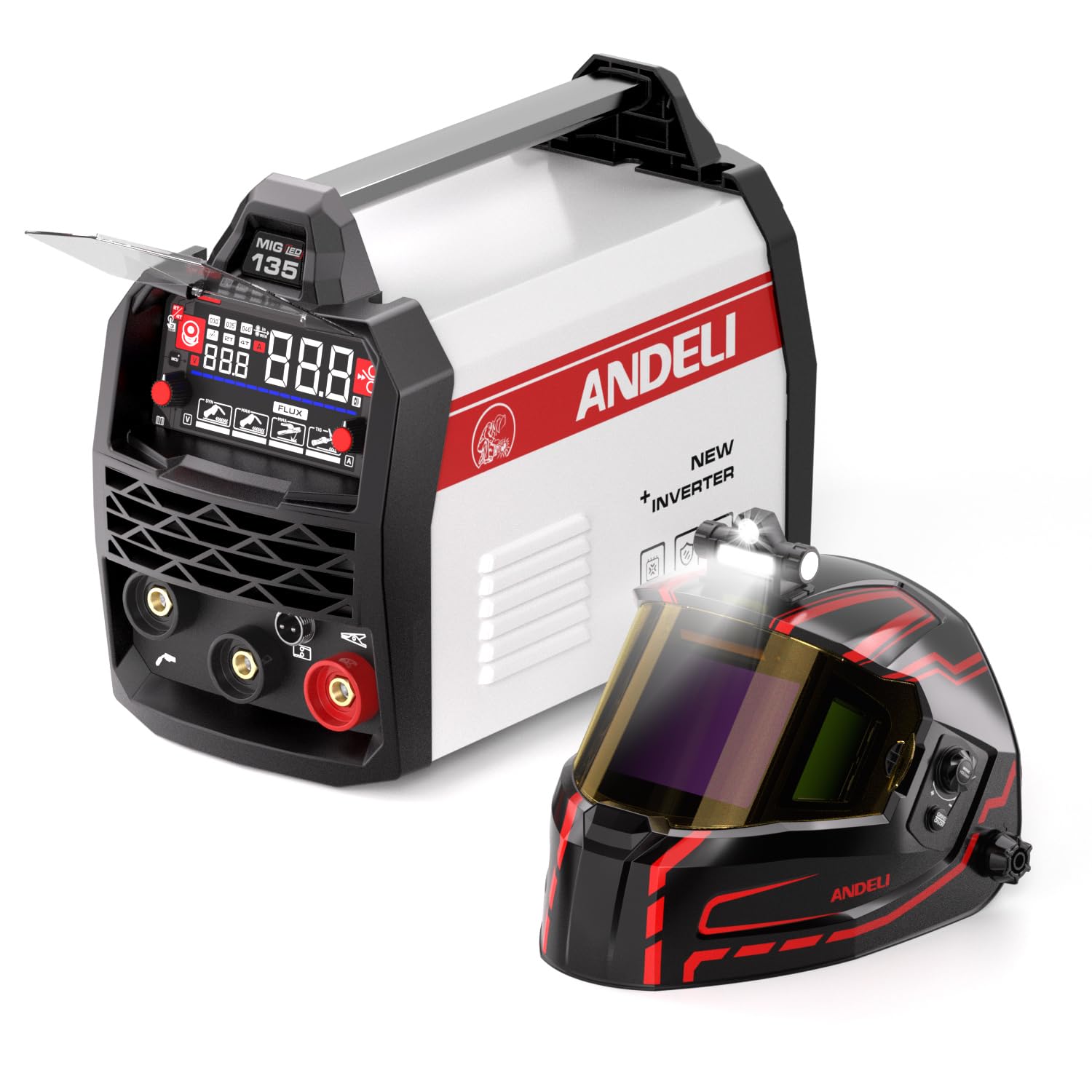 ANDELI MIG 135A Soldadora 4 en 1: MIG sin Gas con PULSO/MIG sin Gas Clásico/Lift TIG/MMA, ANDELI Máscara Soldar Automática Digital con Luz LED