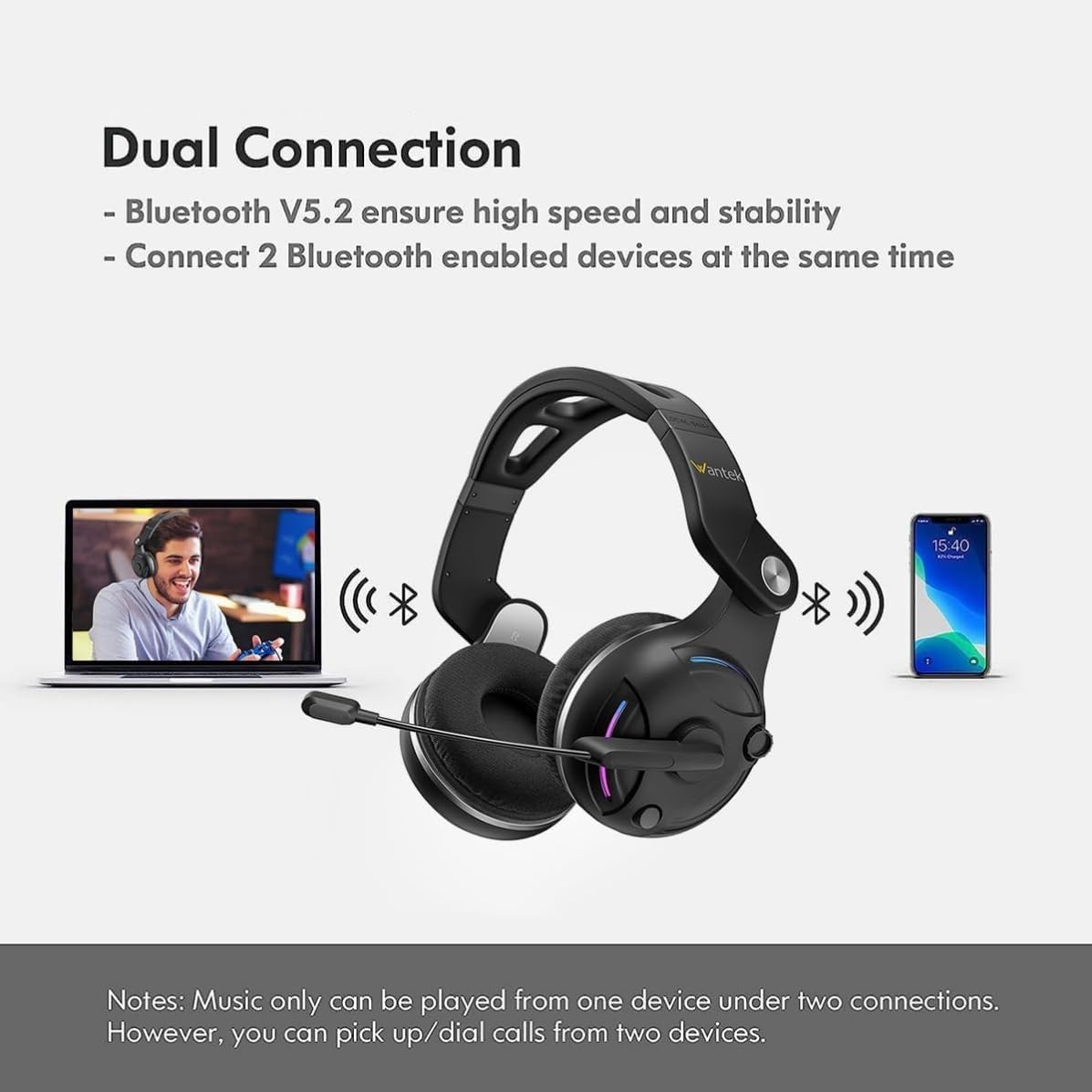 Diagram showing the headset connected to a laptop and a smartphone simultaneously via Bluetooth.