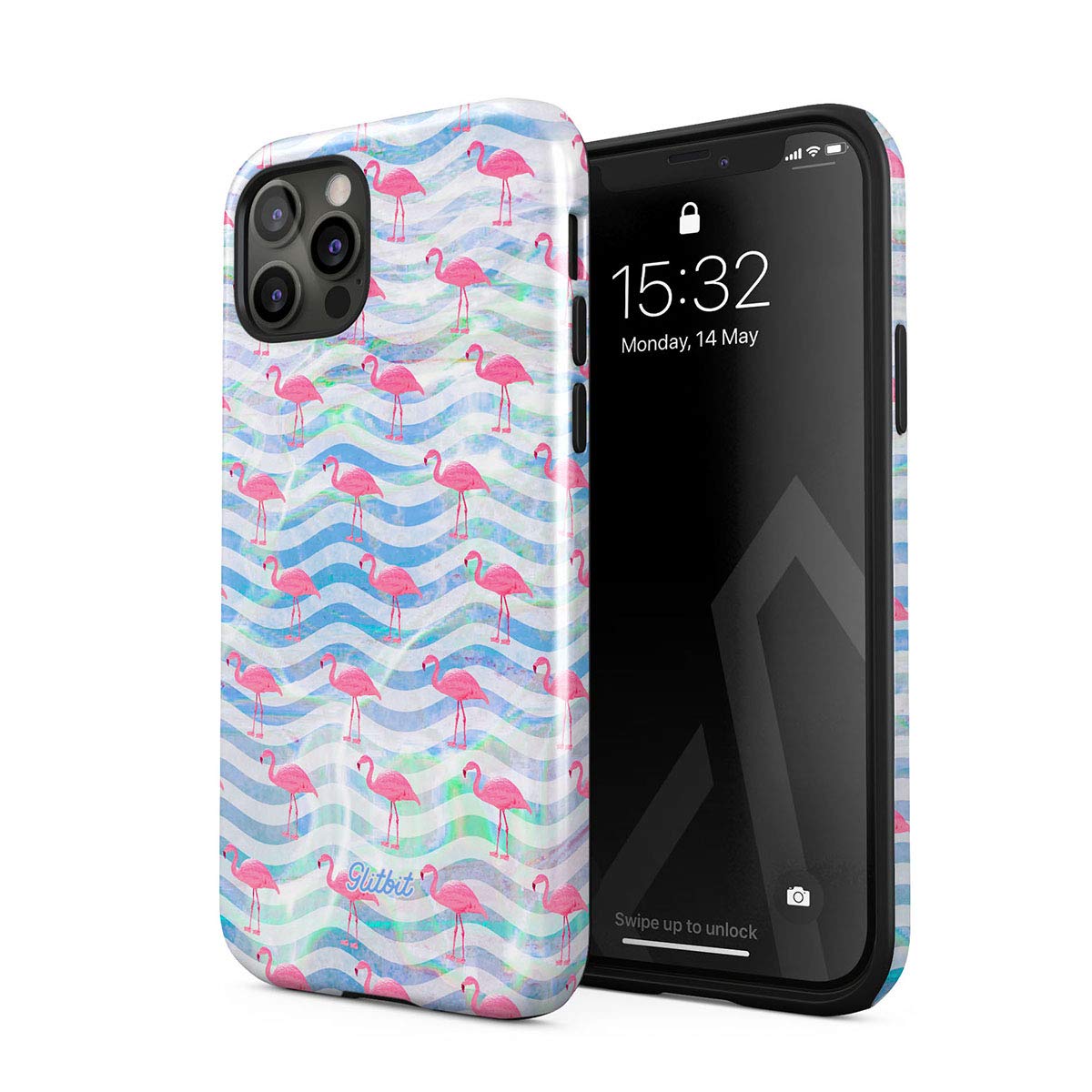 GlitbitCompatible with iPhone 12 Pro Max Case Holographic Trippy Pink Flamingo Blue Waves Good Vibes Summer Pattern Heavy Duty Shockproof Dual Layer Hard Shell + Silicone Protective Cover