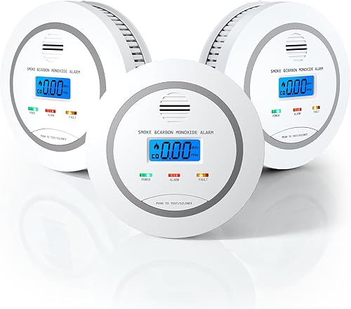 Miniatura 1 de Paquete de 3 detectores de monóxido de carbono, funciona con pilas, alarma de humo y CO 2 en 1 con pantalla digital LCD, detector de monóxido de