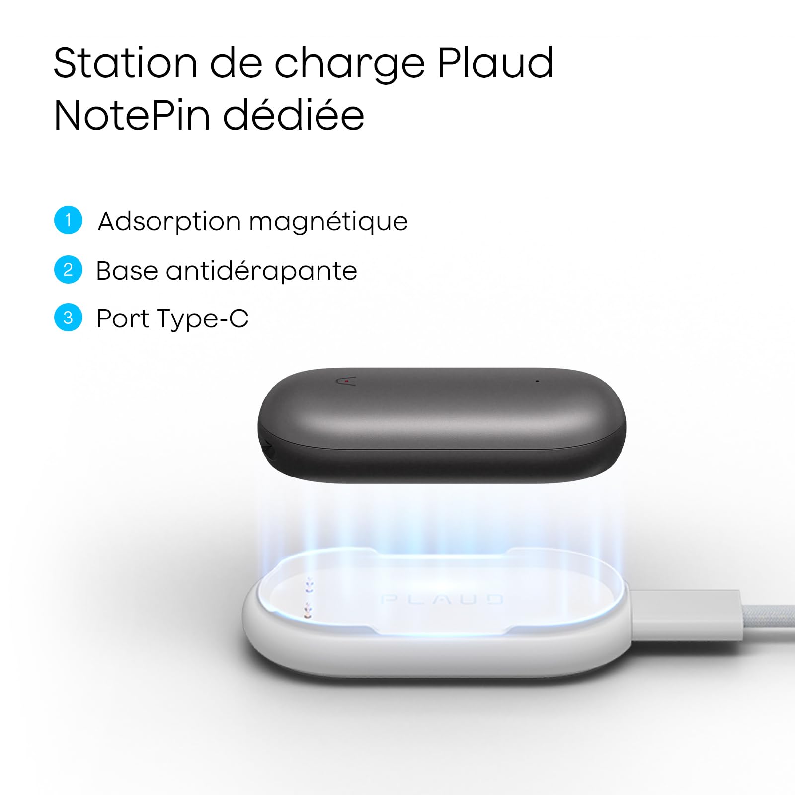 Plaud NotePin et NotePin S - Kit de Charge Magnétique Rapide, Station de Recharge avec Câble USB-C Tressé, Compatible Enregistreur Vocal IA NotePin S, Plaud Accessoire Officiel Compatible, 2 Heures