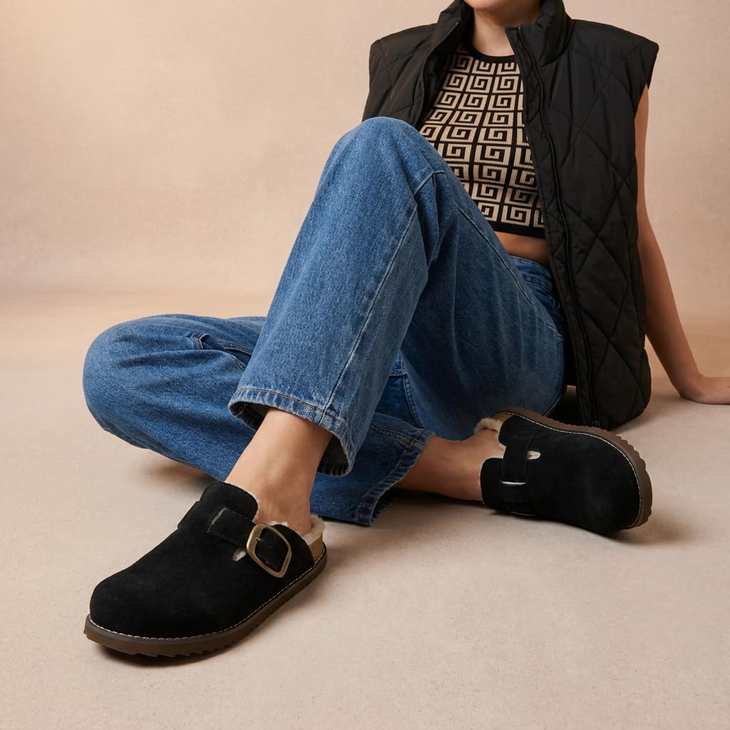CUSHIONAIRE Blain Fur Genuine Suede Clogs for Women, Cozy Slip-On Womens Slippers with Detailed Stitching and Memory Foam Comfort - Image 6