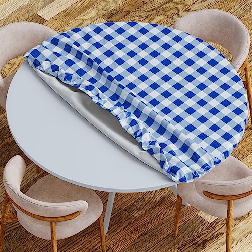 Sorfey Round Tablecloth -Fitted with Elastic, Vinyl with Flannel Back, Fits for Table 30 Inches Round,Water Proof, Easy to Clean, Checked Blue Design