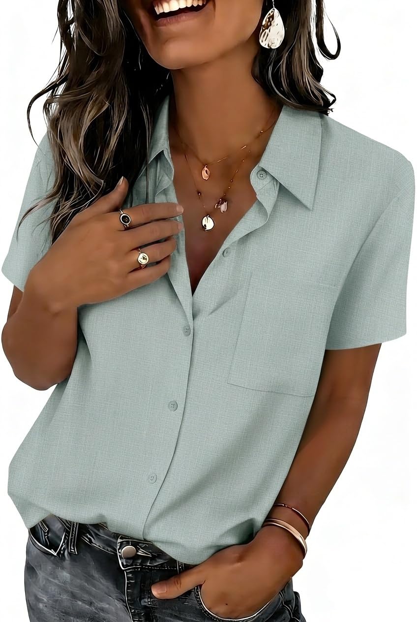 Summer Tops for Women Short Sleeve Button Down Shirt V Neck Blouse