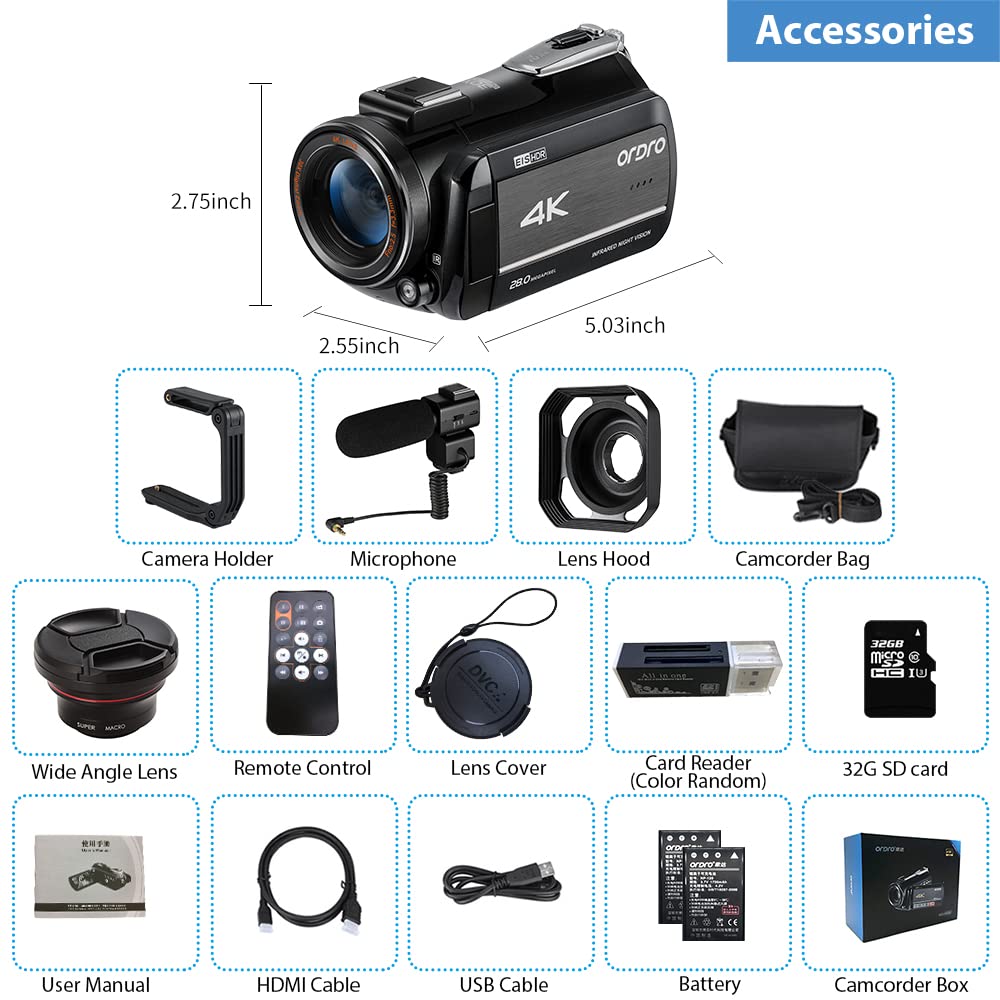 ORDRO Caméscope 4K avec vision nocturne infrarouge, zoom numérique 30x, WiFi, microphone externe et stabilisateur – Caméra de vlogging UHD 30 fps pour YouTube