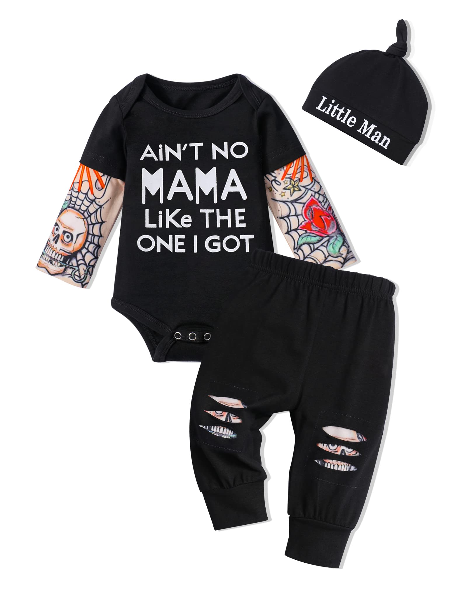 Baby Boy Clothes Tattoo Sleeve Funny Romper Bodysuit+Pants 3PCS Infant Outfits Set