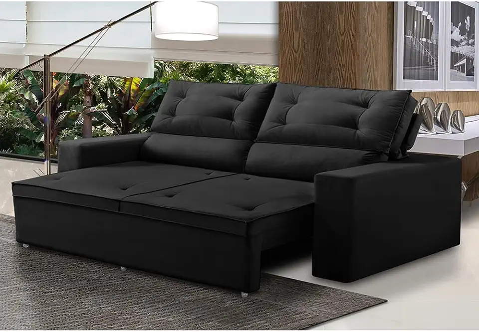 Sofá Retrátil e Reclinável 3 lugares com Molas 1,80m Lais Suede Preto Adonai Estofados