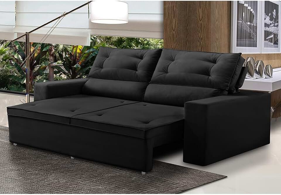 Sofá Retrátil e Reclinável 3 lugares com Molas 1,80m Lais Suede Preto Adonai Estofados