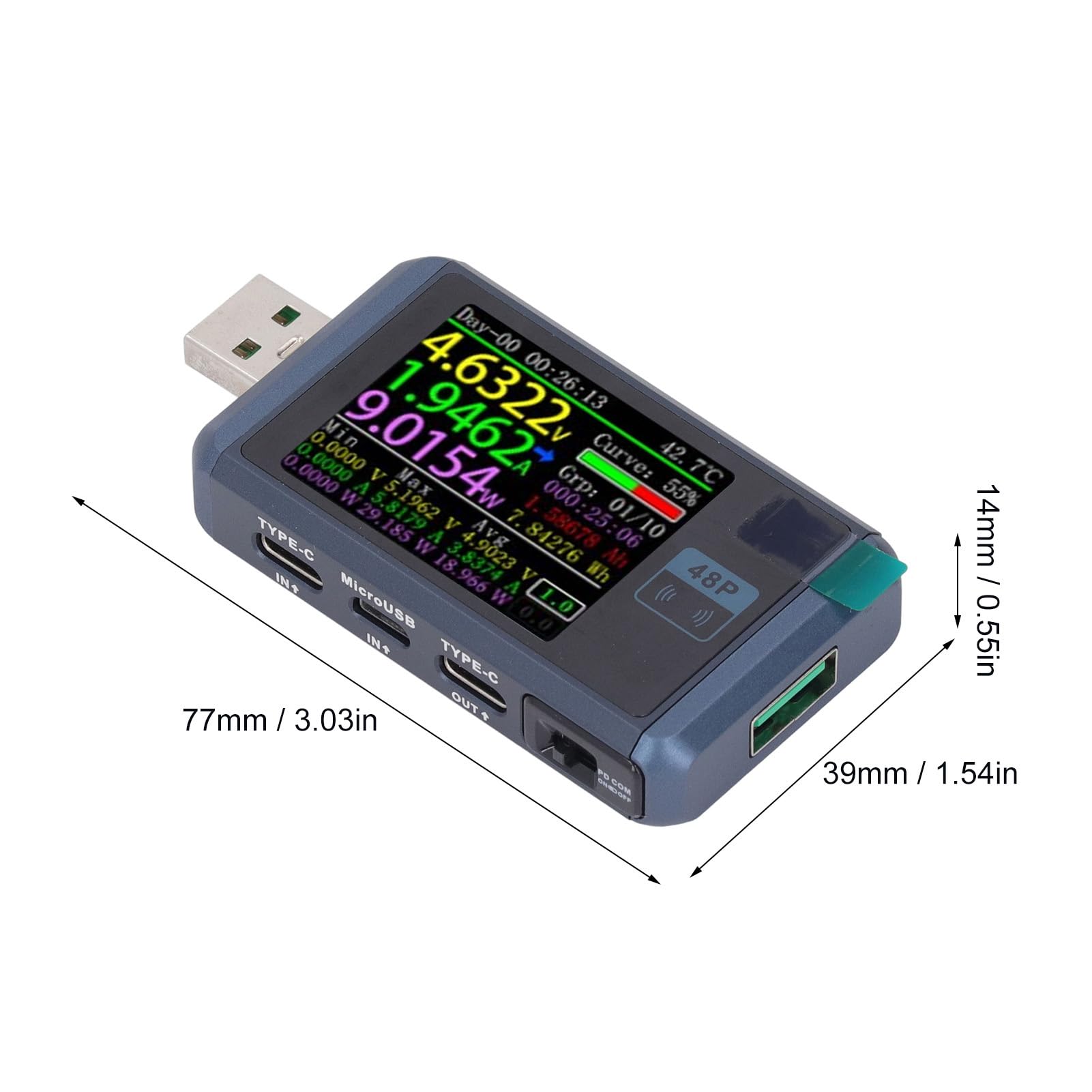 Generic Tester USB z Kolorowym Wyświetlaczem, Wielofunkcyjny Multimetr Napięcia i Prądu do ładowania urządzeń, 3 Porty, Metal, 1 X Tester