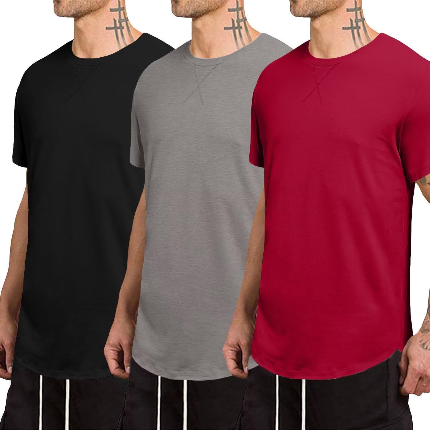 Dokotoo Men Mens 3 Pack Crewneck T-Shirts Multipack Short Sleeve Hipster Hip Hop Longline Classic Tee Tops